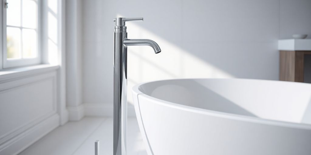 Sleek freestanding bath faucet, bright bathroom.