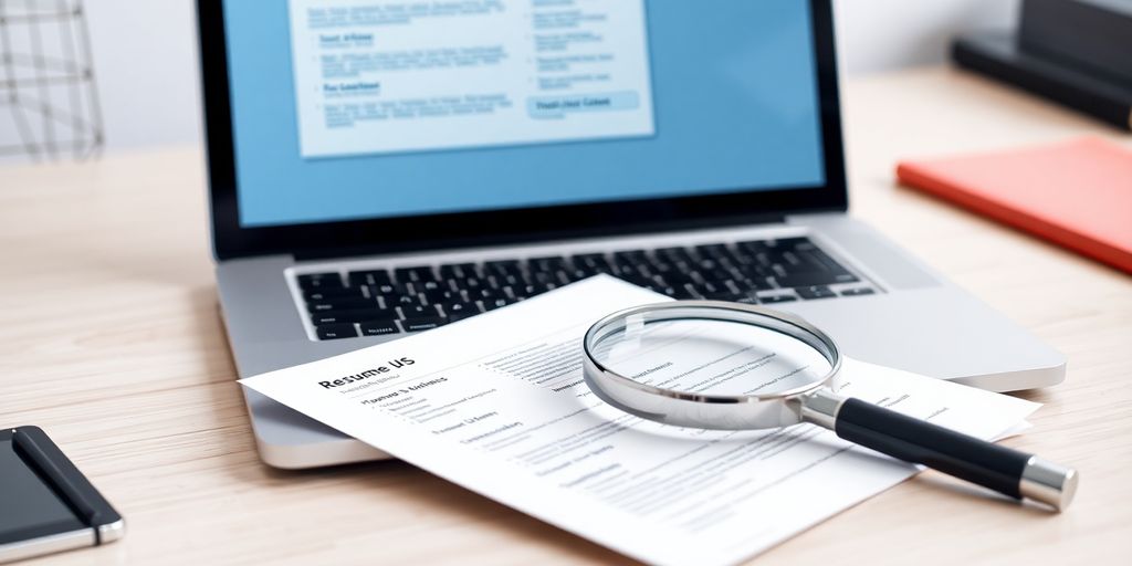 Laptop, resume, and magnifying glass.