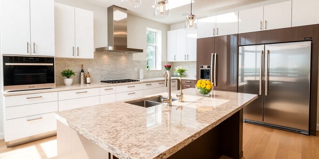 Modern kitchen with durable countertops and stylish design.
