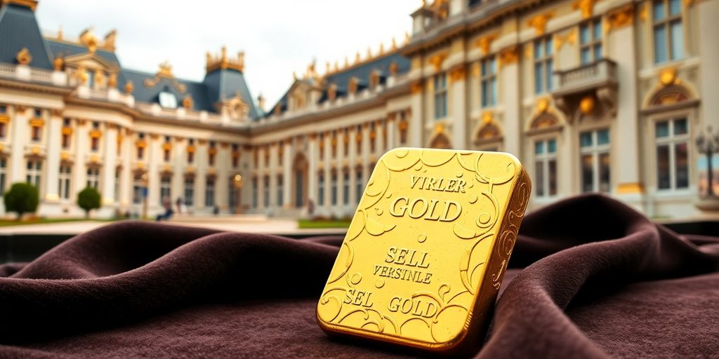 Lingot d’or sur un tissu en velours à Versailles.
