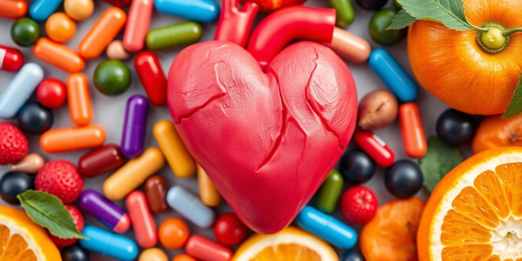 Heart with supplements and fruits for heart health benefits.