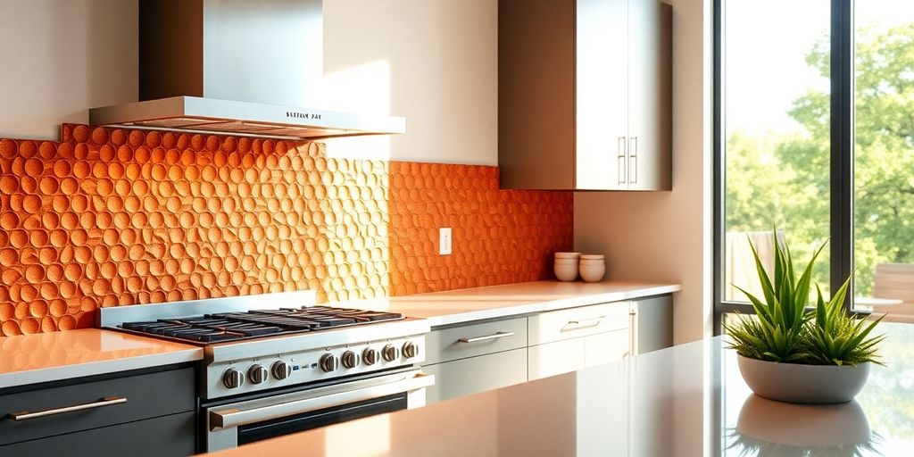 Modern kitchen with unique backsplash and warm lighting.