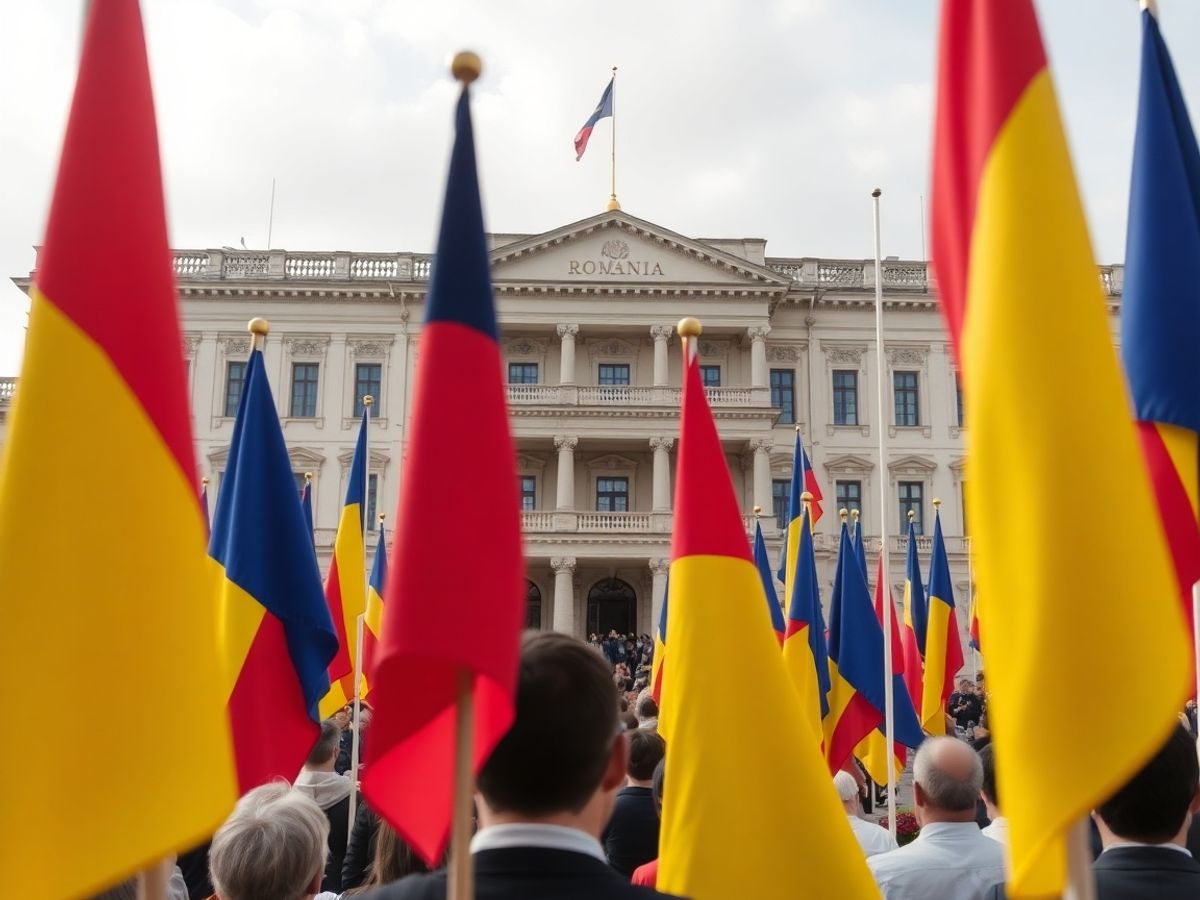 Clădirea Parlamentului din România cu steaguri și oameni.