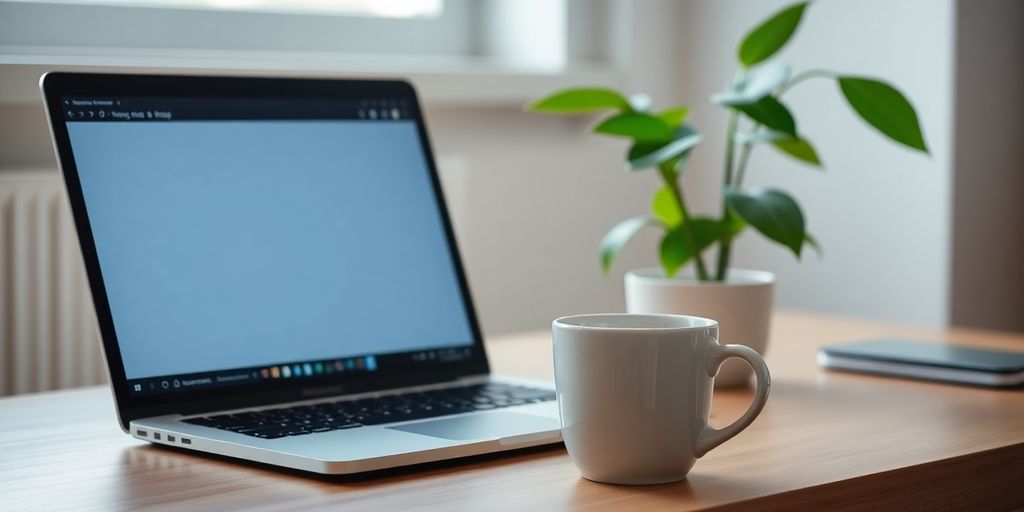 Cozy remote workspace with laptop and coffee cup.