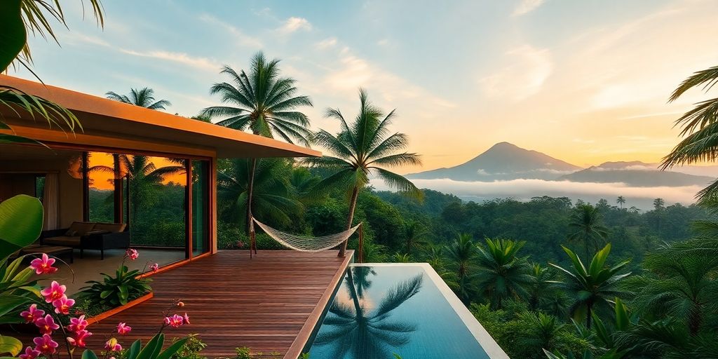 Luxury villa infinity pool at sunset surrounded by tropical foliage.