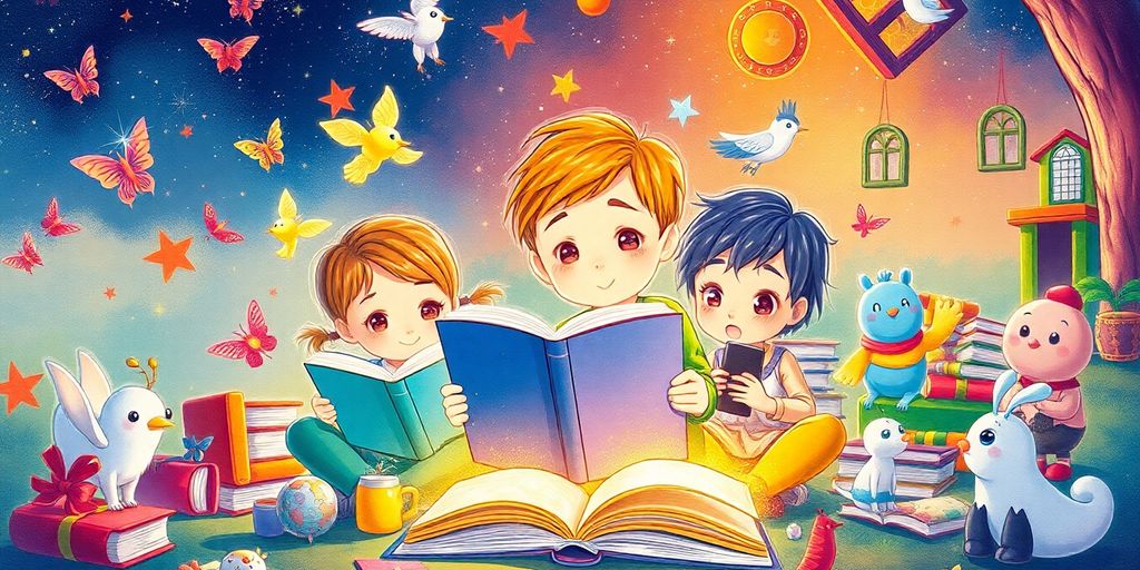 Children reading with colorful books and magical characters.