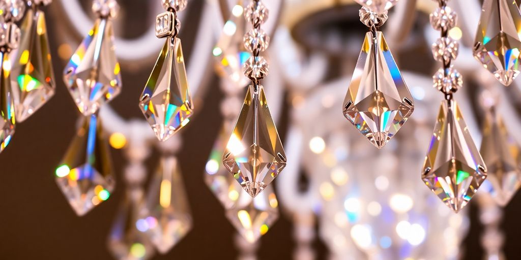 Close-up of sparkling Swarovski chandelier crystals.