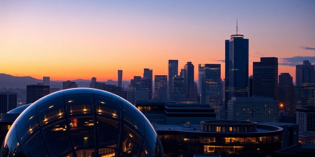 Seattle skyline with Amazon Spheres in foreground.
