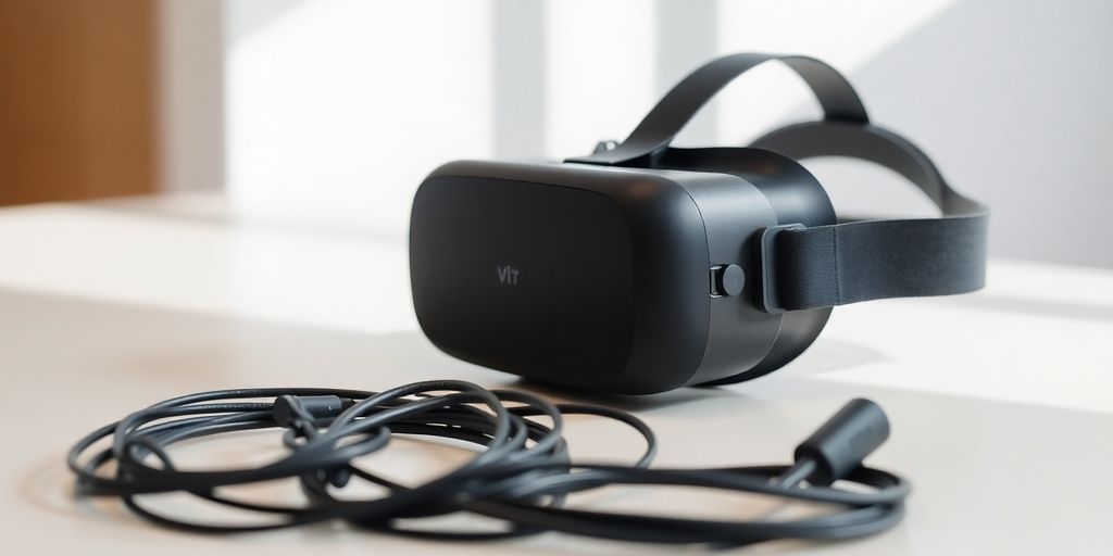 Oculus Rift DK2 headset with cables on a table.