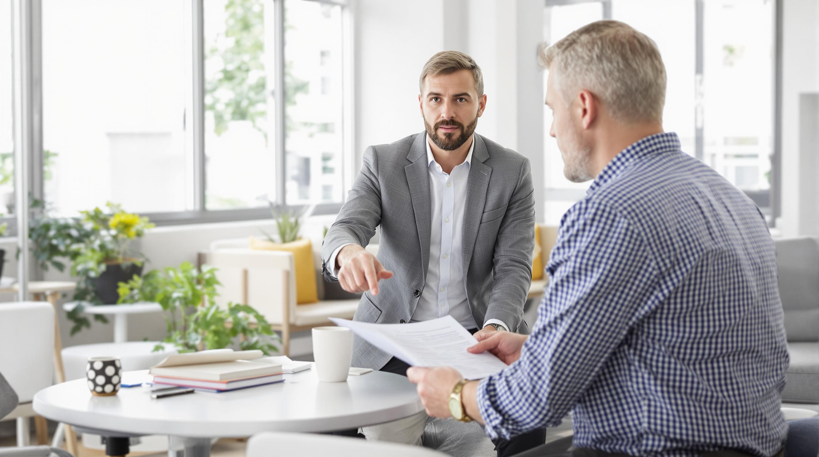 Consultant and client discussing insurance in bright office.