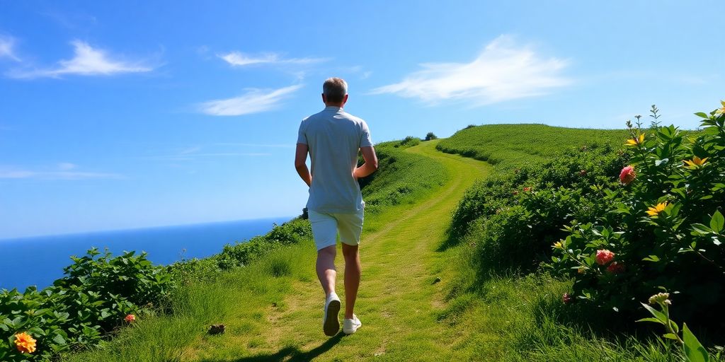 Bright sun, clear path, person walking.