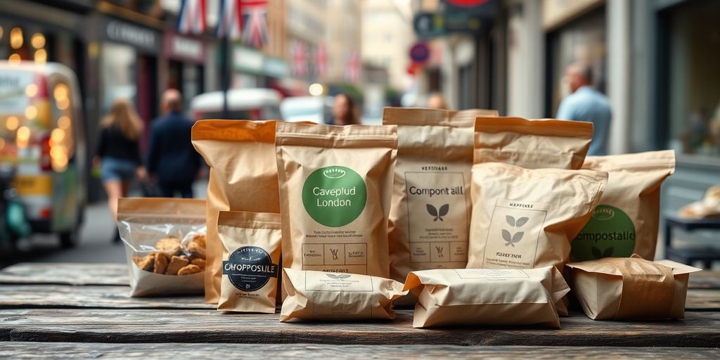 Compostable food containers on a London street.