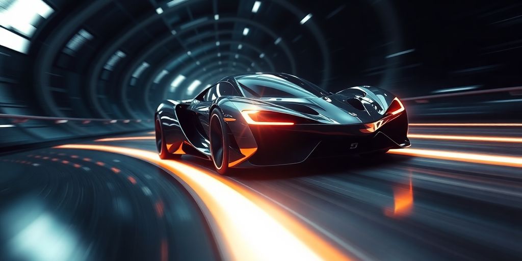 Sleek car driving on a futuristic track.