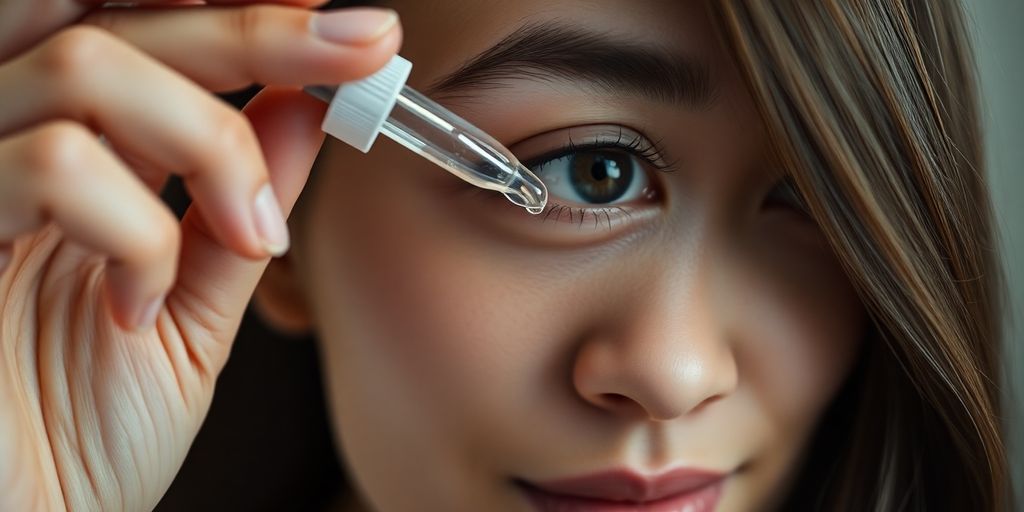 Woman applying natural eye drops to her eye.