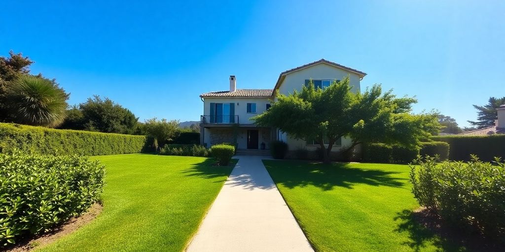 A villa with lush greenery and a clear sky.