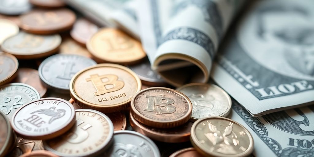 Monnaie physique en différentes coupures et pièces.