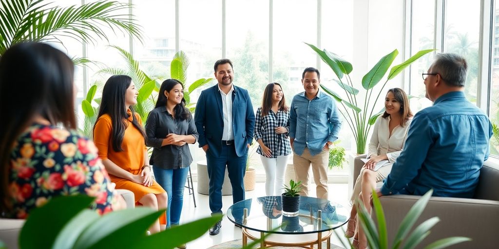 People discussing property in a bright real estate office.