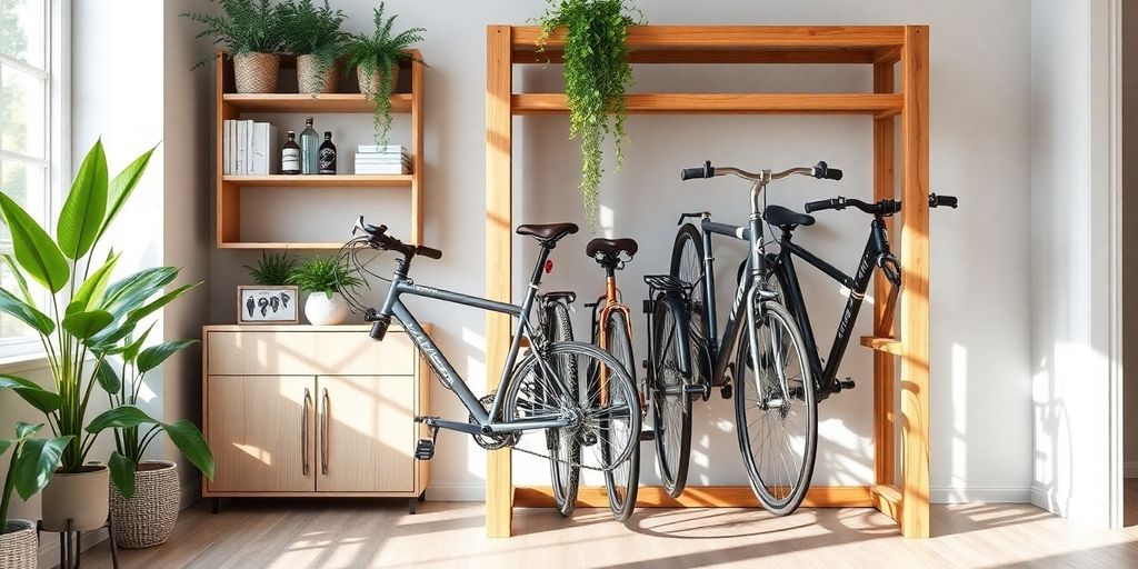 Wooden bike storage solution with bicycles in a home.