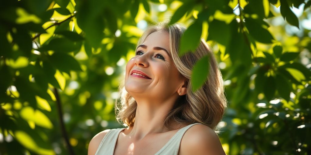 A woman in nature, radiating calmness and confidence.
