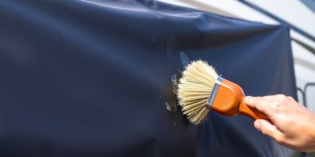 Soft brush cleaning a 5th wheel RV cover outdoors.