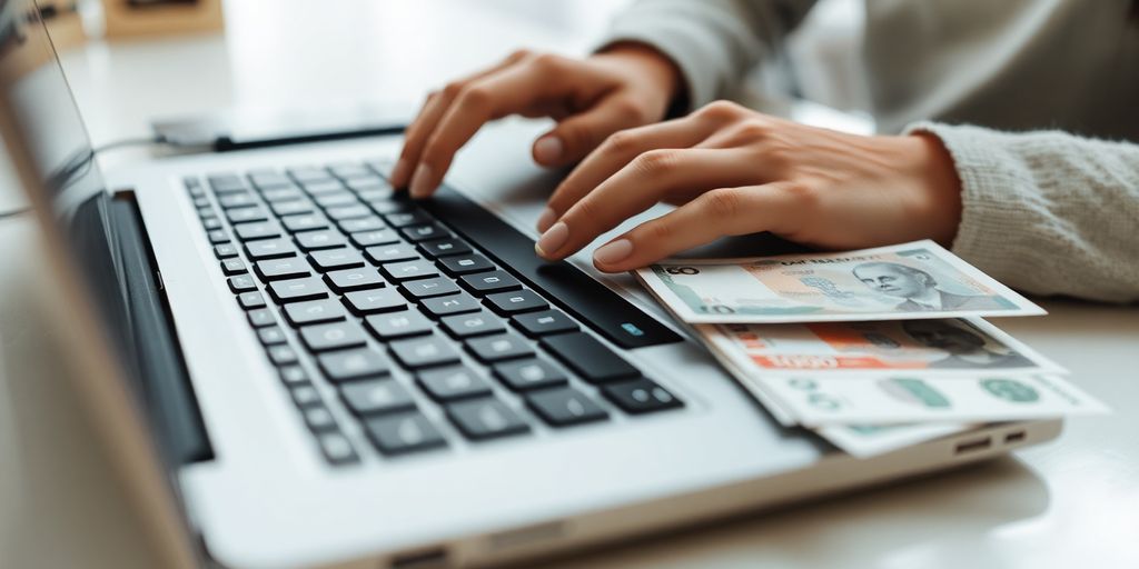 Person typing on laptop, money beside.