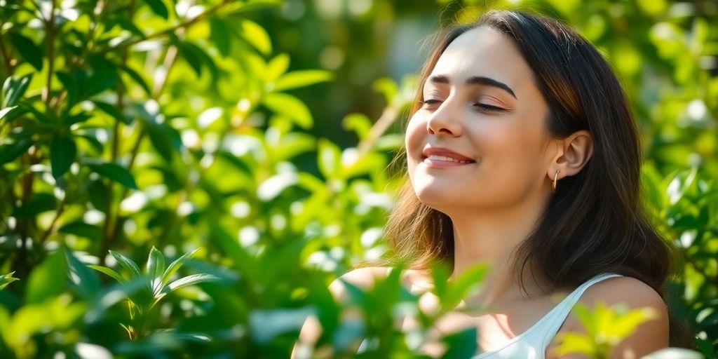 Serene person meditating outdoors.