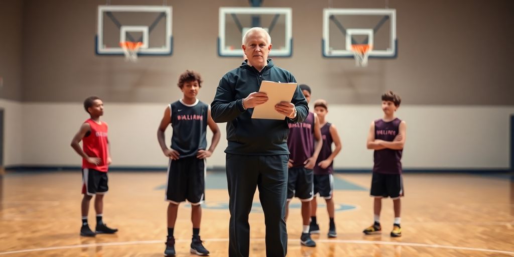 Basketball coach on court with players, illustrative.