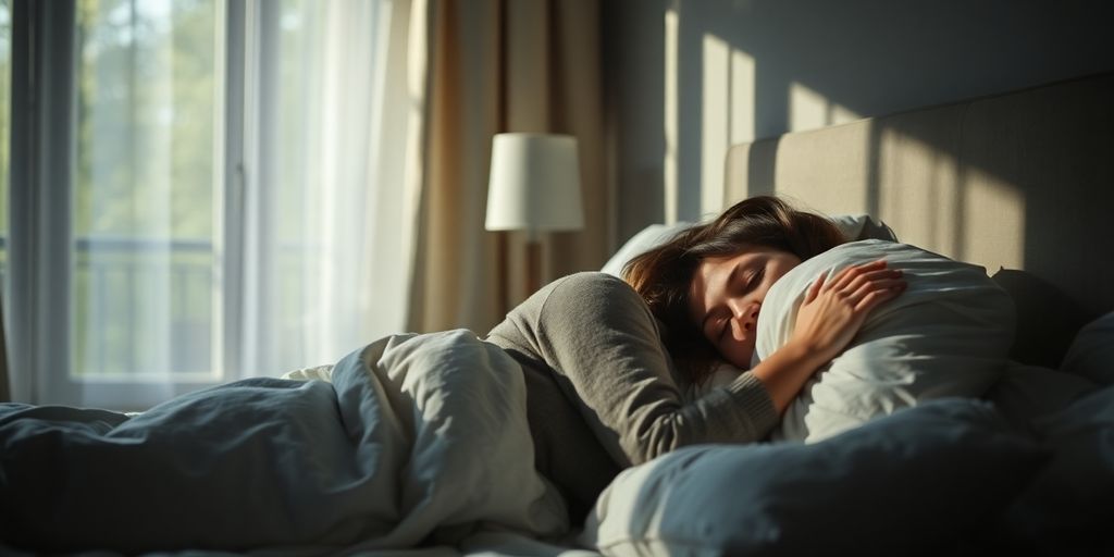 Woman peacefully sleeping in a cozy bedroom.