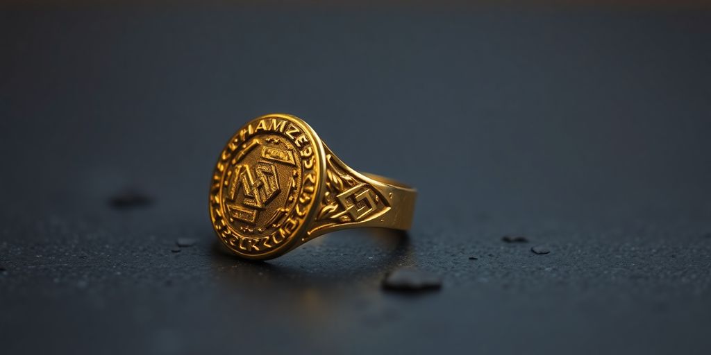 Bague en or nazi sur fond sombre.