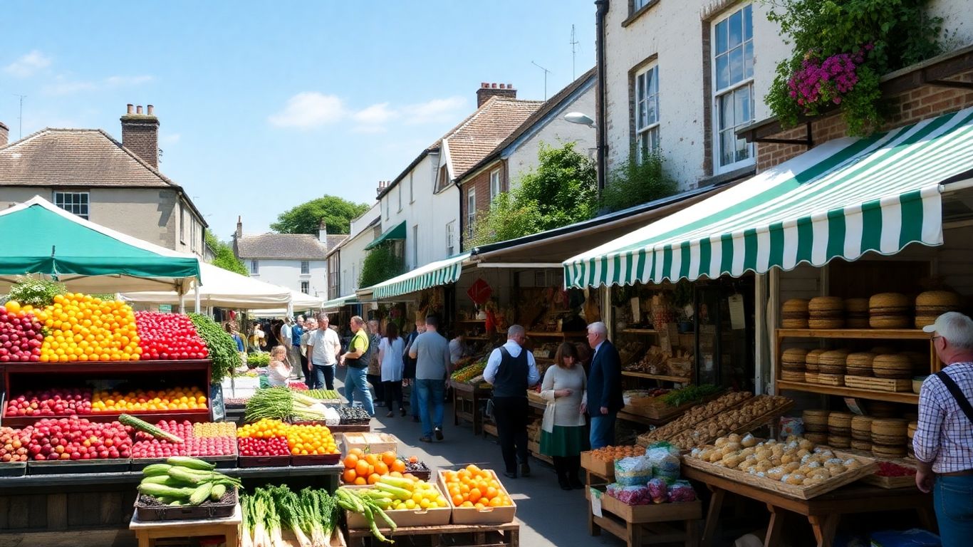 Fresh produce and shoppers at Totnes outdoor food market