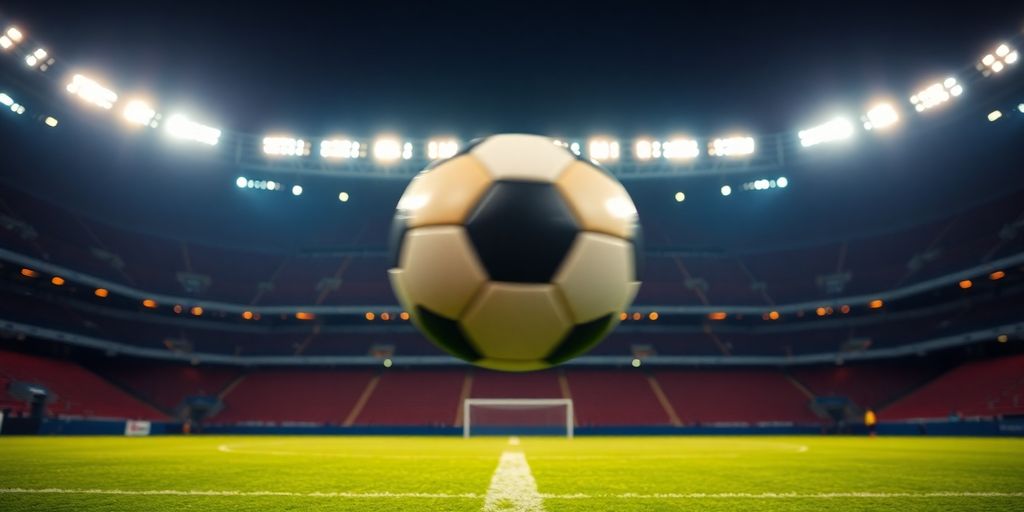 Soccer ball on green field with stadium lights.