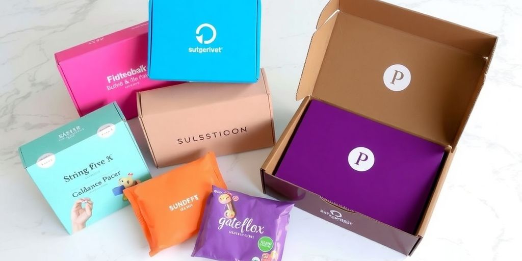 Colorful subscription boxes arranged aesthetically on a table.