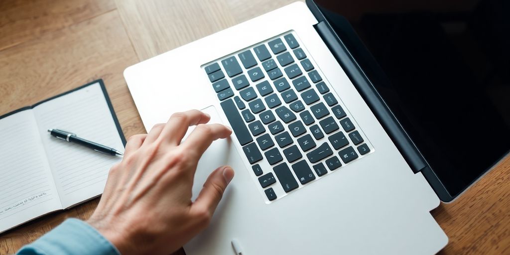 Laptop, keyboard, and open notebook