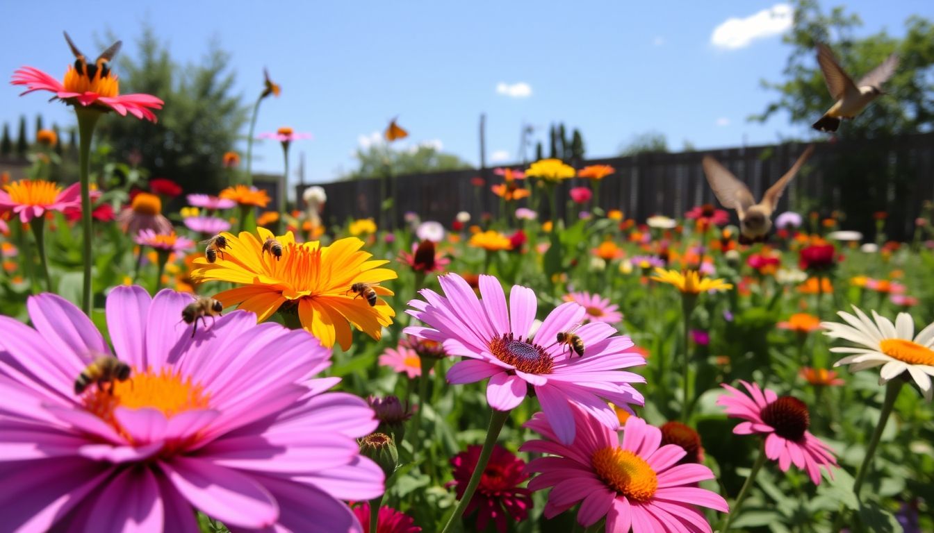 Garden with flowers, bees, butterflies, and a hummingbird.