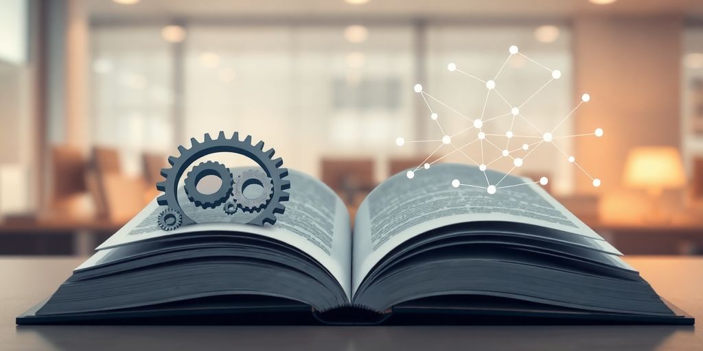 Open book, gears, and flowing lines.