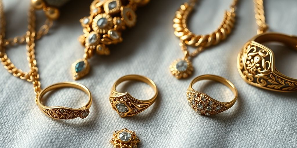 Bijoux hérités en or sur un tissu doux.
