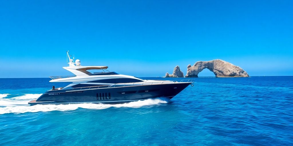 Luxury yacht cruising turquoise Cabo waters with arch.