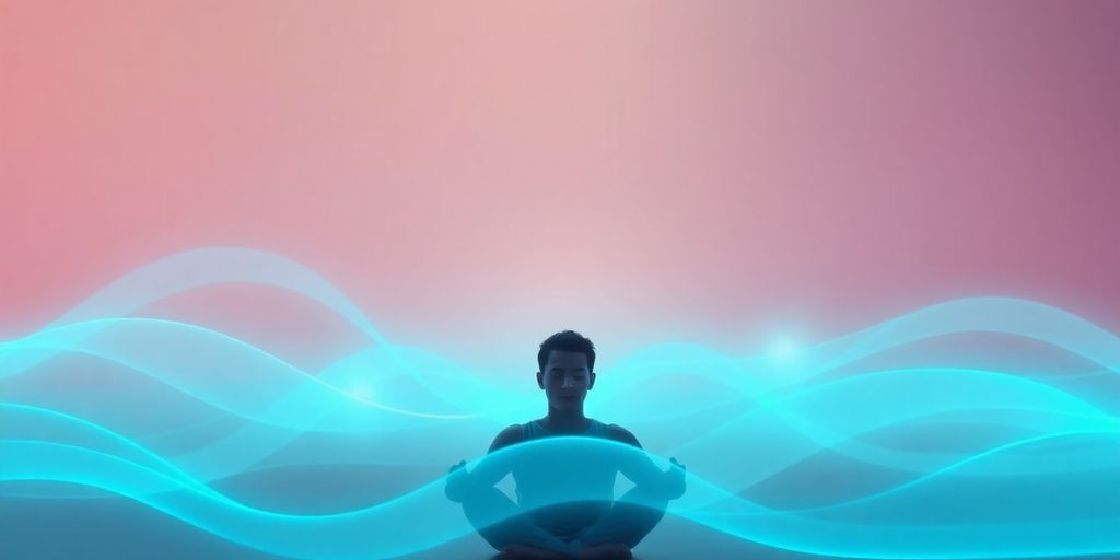 Person meditating in serene environment with soft light waves.