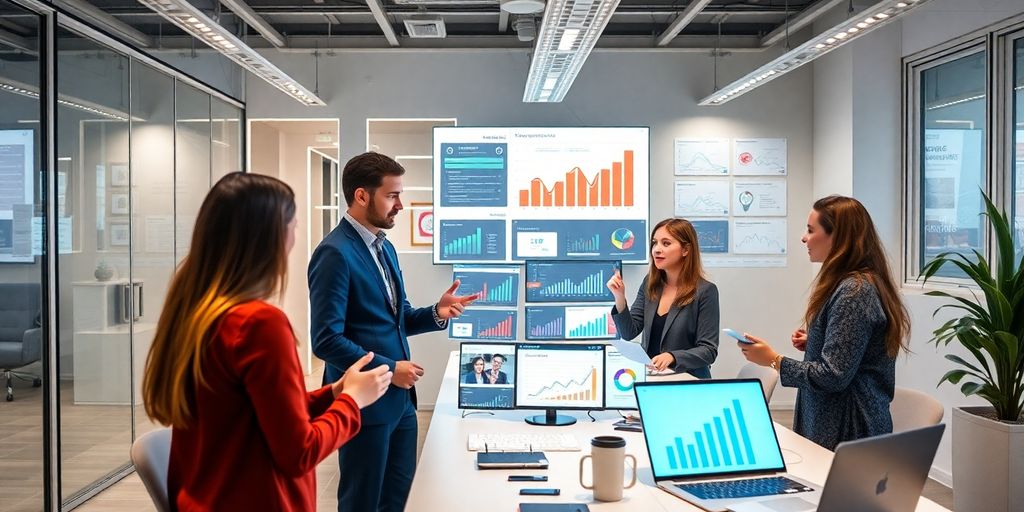 Profissionais de marketing digital em um escritório moderno.