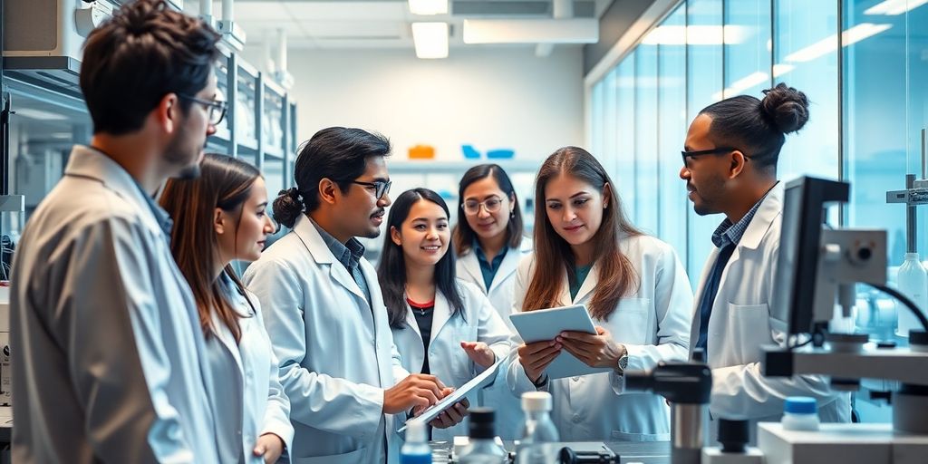 Diverse researchers collaborating in a modern laboratory setting.