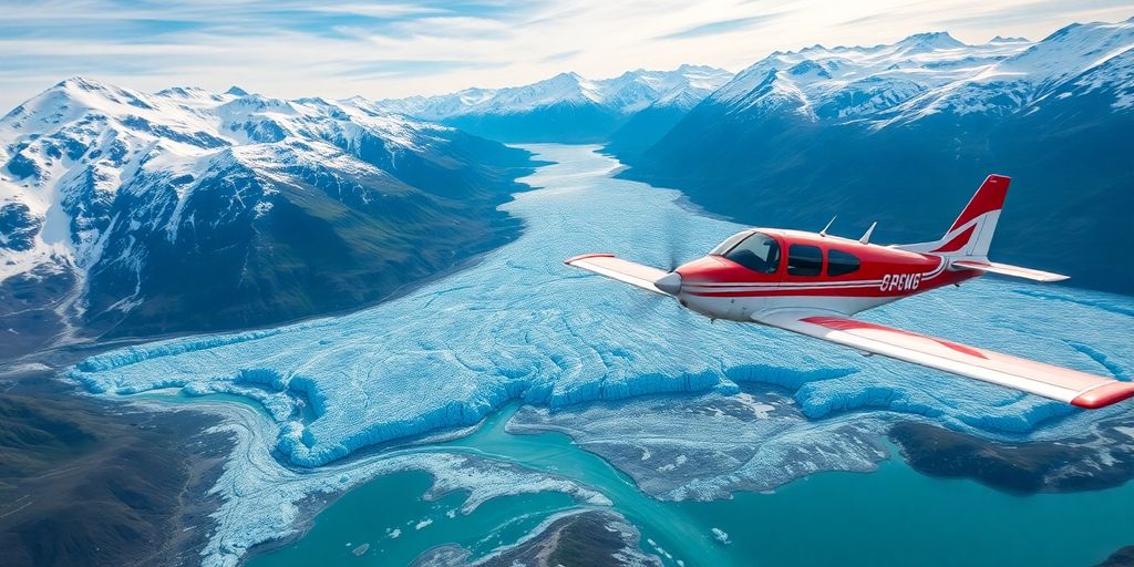 A small plane soars over vast Alaskan mountains and glaciers.
