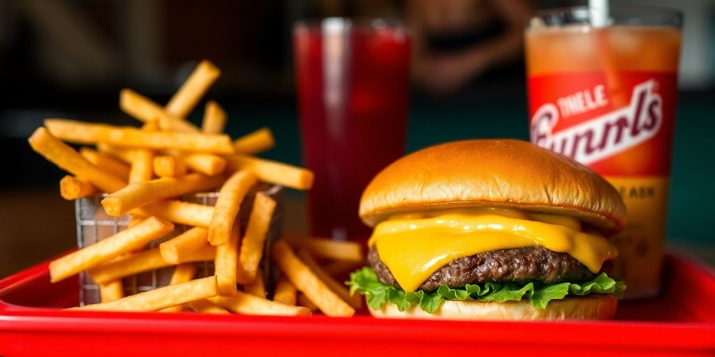 Cheeseburger, fries, and drink on red tray.