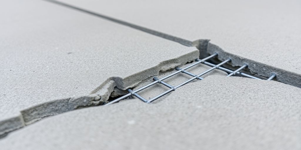 Close-up of concrete slab with welded wire mesh.