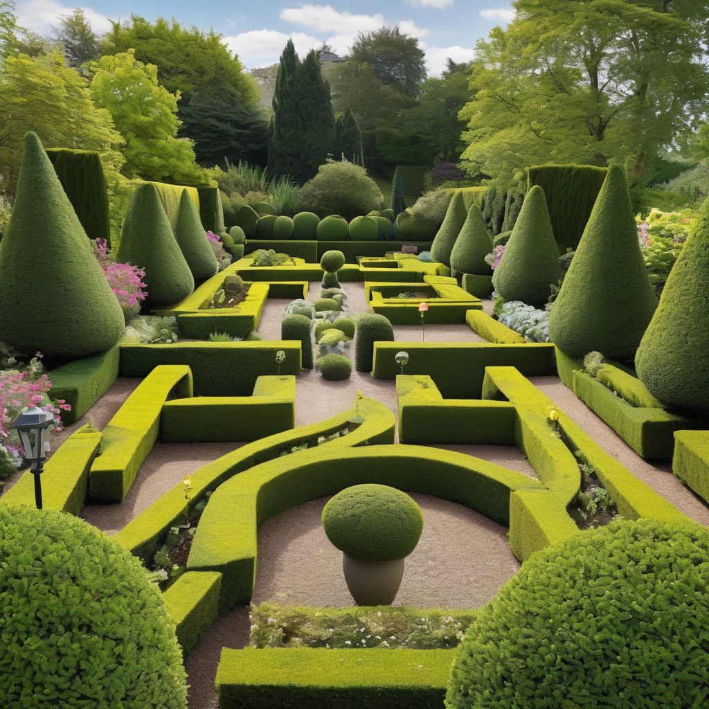 ornamental garden with topiary hedges and other garden elements