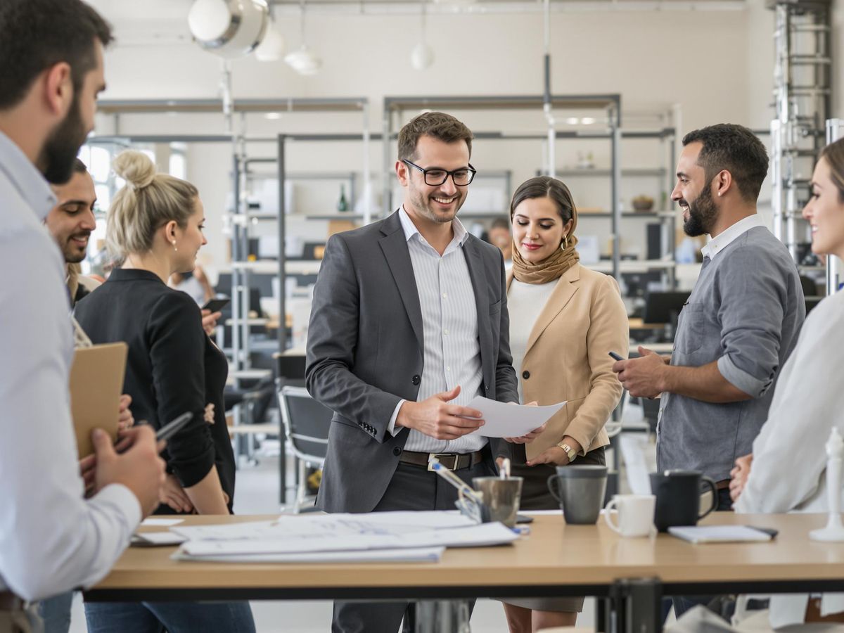 Angajați diversificați discutând într-un mediu profesional.