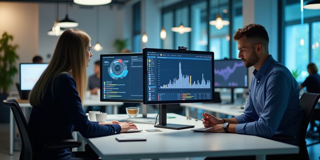 Profissionais de marketing digital em ambiente moderno de escritório.