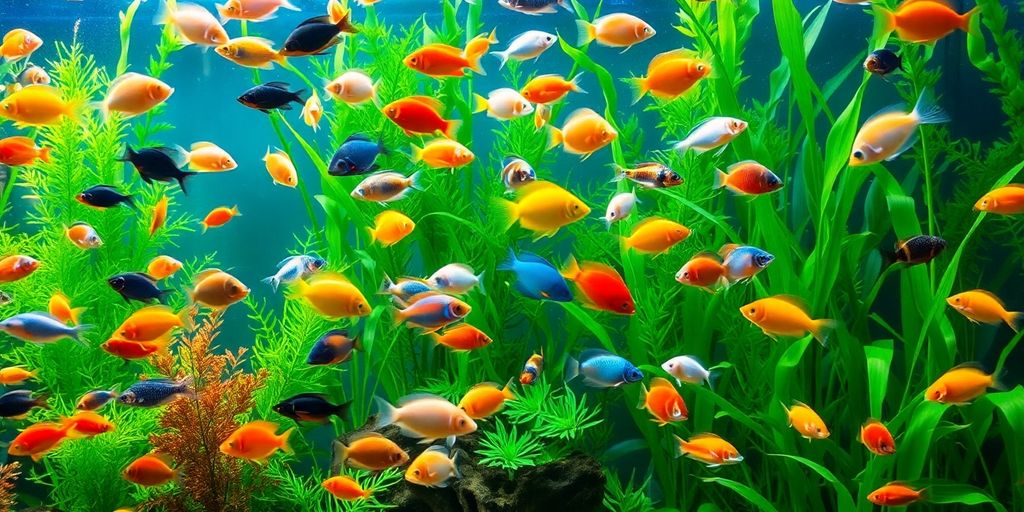 Colorful fish swimming in a lush aquarium.