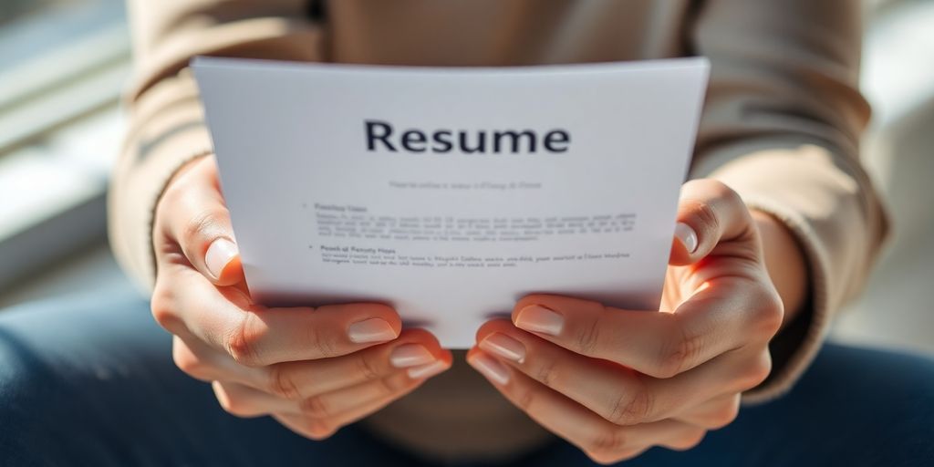 Person's hands holding a resume.