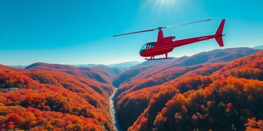 Helicopter flying over Smoky Mountains, autumn foliage.