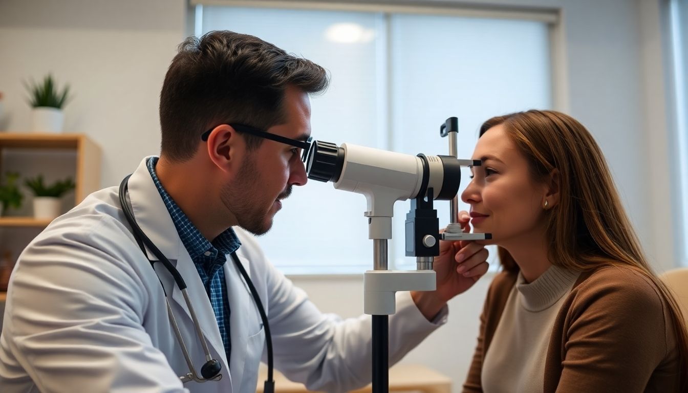 Keratoconjunctivitis: Eye doctor consulting with a patient in a modern practice.